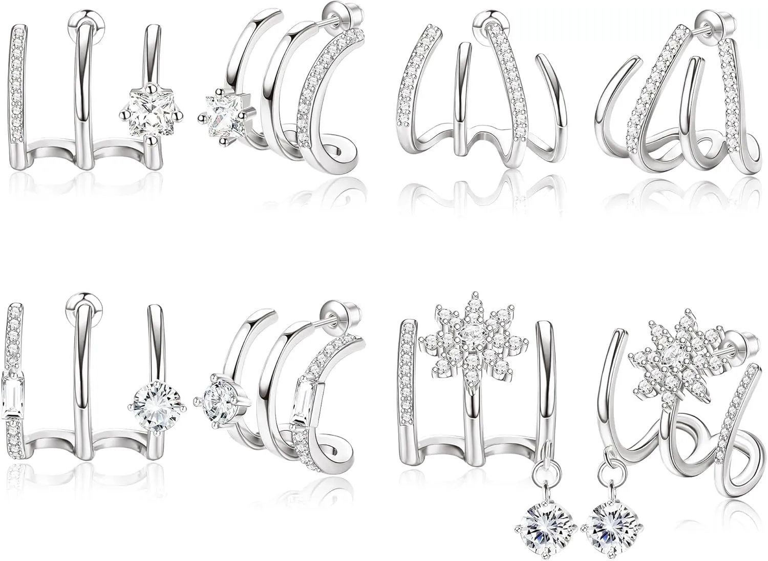 ORAZIO 4 Pairs Claw Earrings for Women CZ Claw Earrings Gold/Silver Stud Earrings Trendy Ear Wrap Piercing Minimalist Illusion Earrings Triple Hoop Earrings Flower Triple Huggie Stud Earrings Warp Cuff Earrings for Women