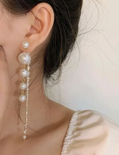 Pearl - Gold statement earrings with pearl|rhinestone drop earrings | modern retro statement party earrings | Korean earringsPearl