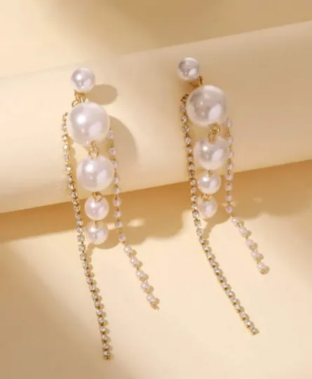 Pearl - Gold statement earrings with pearl|rhinestone drop earrings | modern retro statement party earrings | Korean earringsPearl