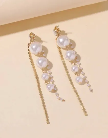 Pearl - Gold statement earrings with pearl|rhinestone drop earrings | modern retro statement party earrings | Korean earringsPearl