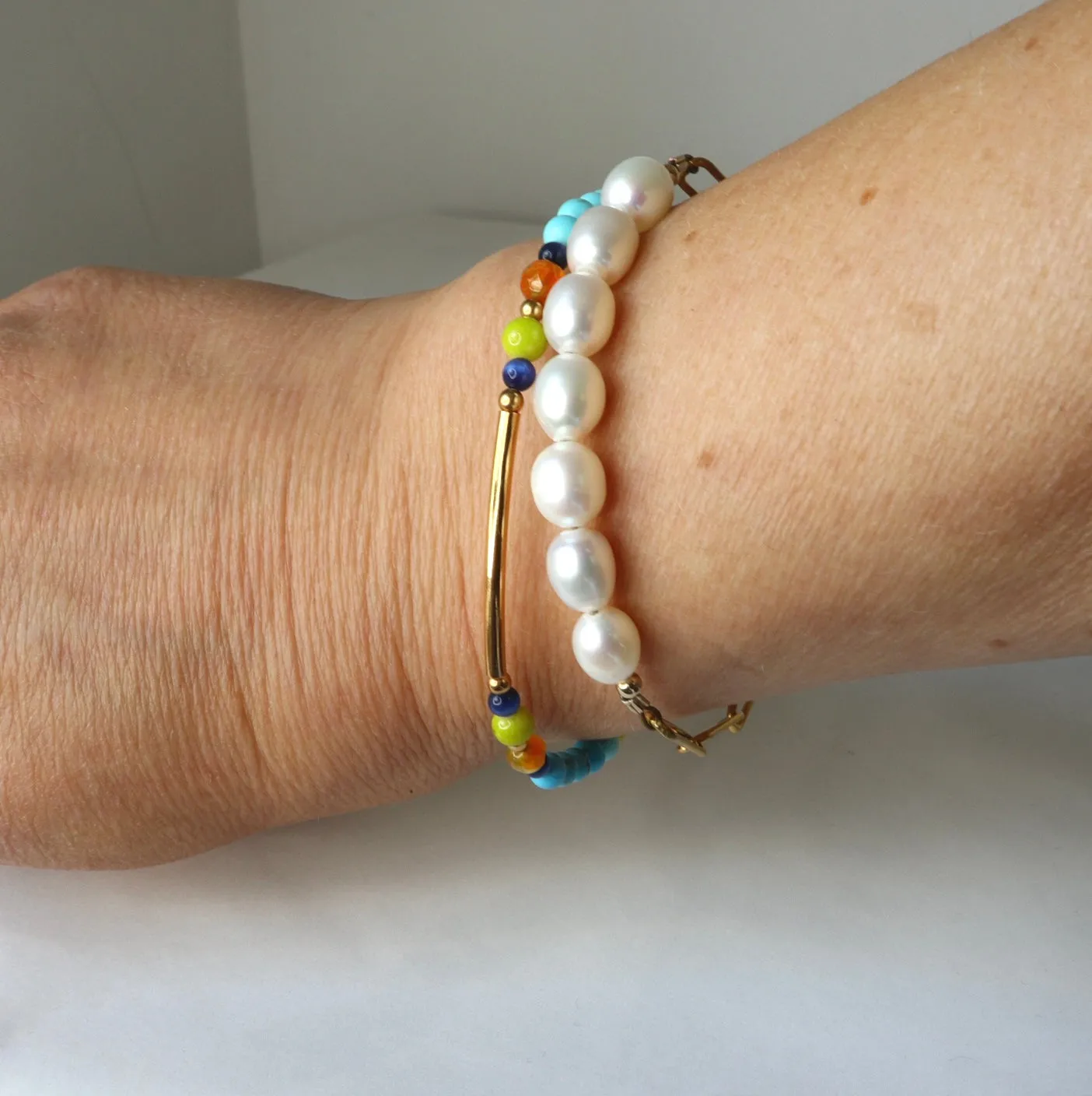 Pearl Row Gold Link Bracelet