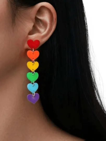 Pink pastel red heart chain earrings | Art colour block love shaped earrings | resin oversize statement earrings | pop fun korean style