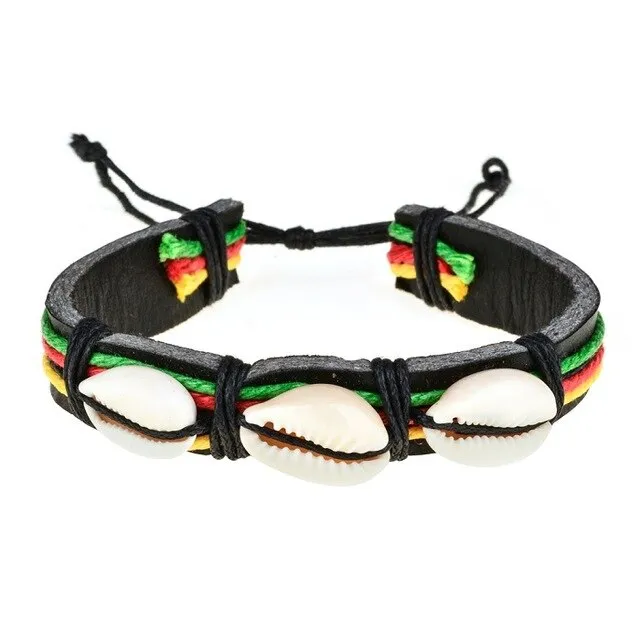 Rasta Leather Shell Bracelet