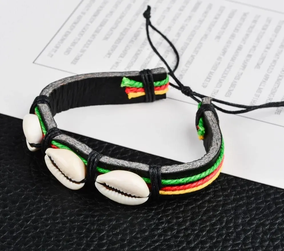 Rasta Leather Shell Bracelet