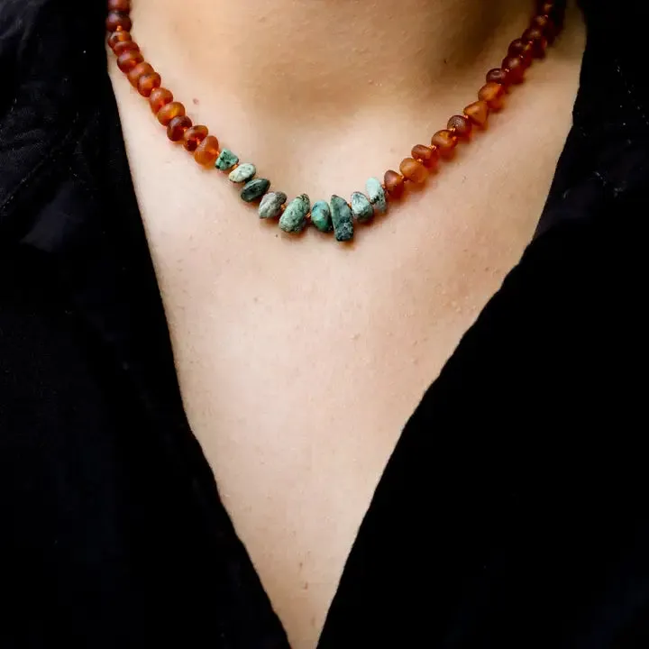 Raw Cognac Amber   Raw Turquoise Jasper - Baltic Amber Necklace