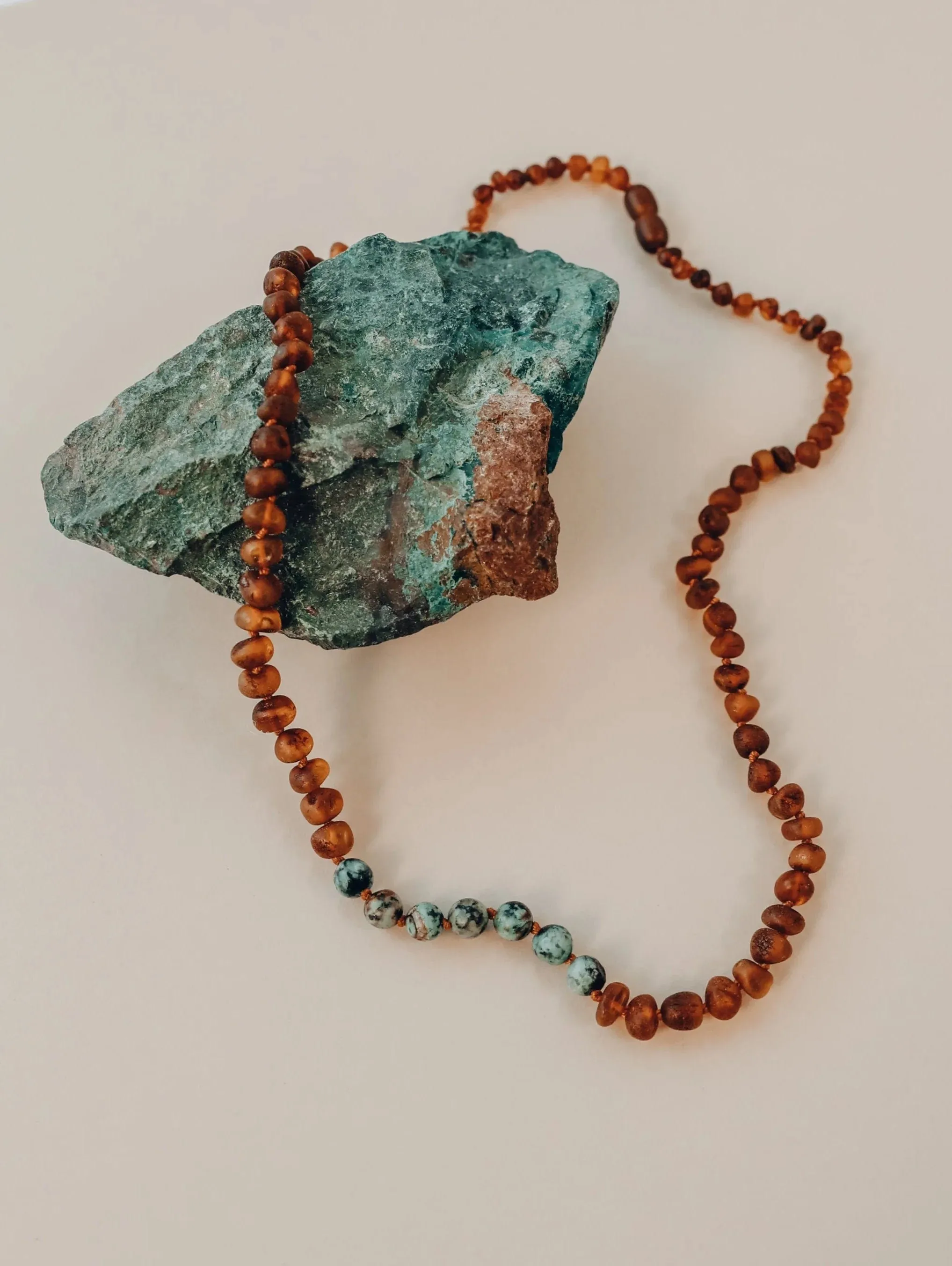 Raw Cognac Amber   Turquoise Jasper Necklace