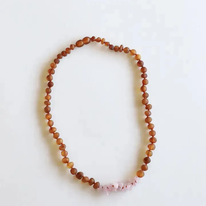 Raw Cognac   Raw Rose Quartz - Baltic Amber Necklace