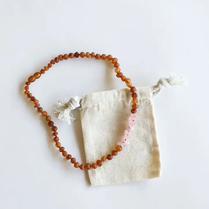Raw Cognac   Raw Rose Quartz - Baltic Amber Necklace
