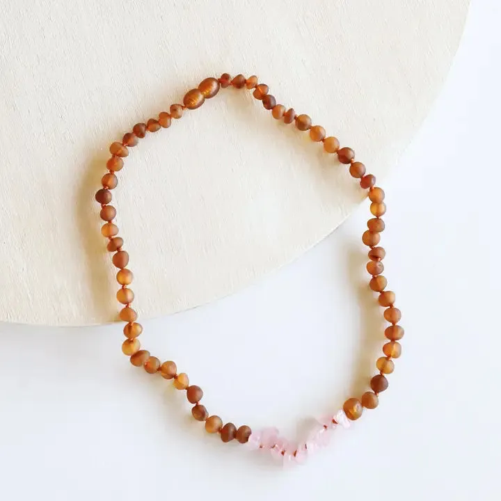 Raw Cognac   Raw Rose Quartz - Baltic Amber Necklace