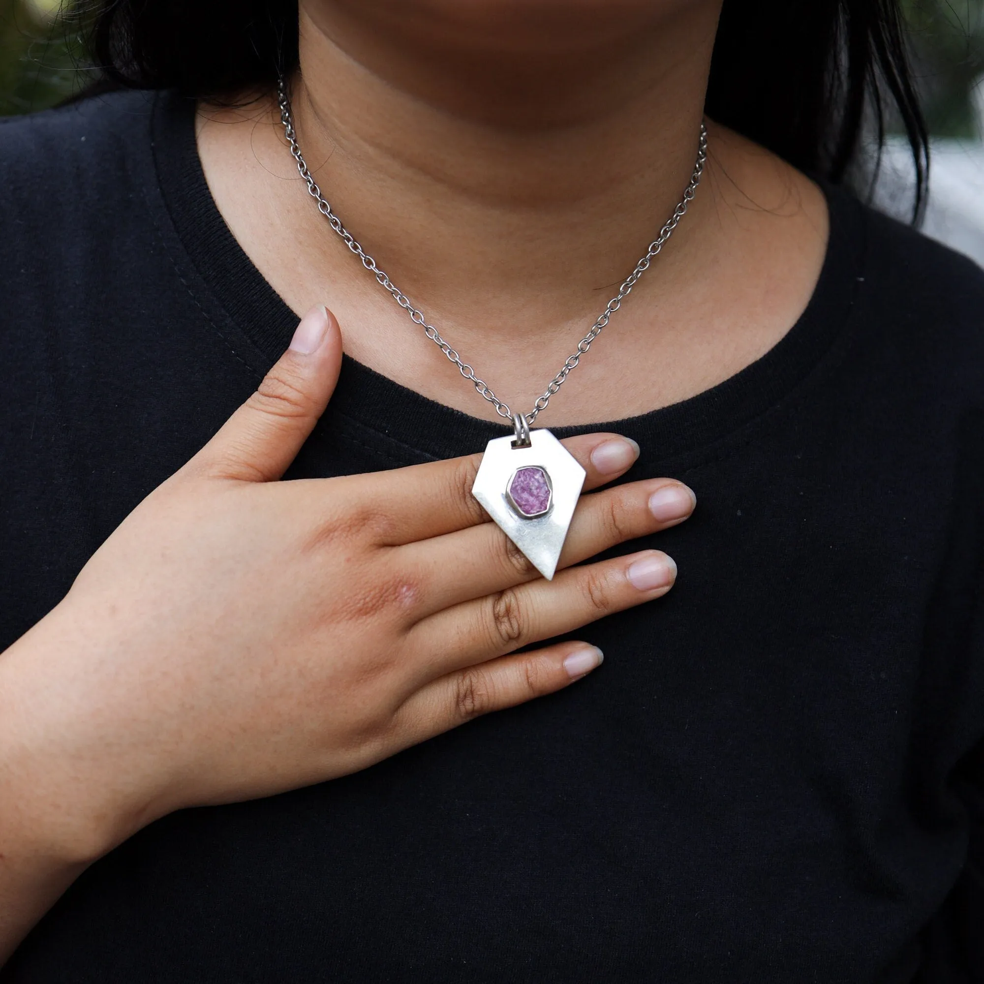 Raw Gemmy Ruby - Sterling Silver Pendant - Shiny and Polish Finished - Flat Pendant - Power, Wealth, and Protection