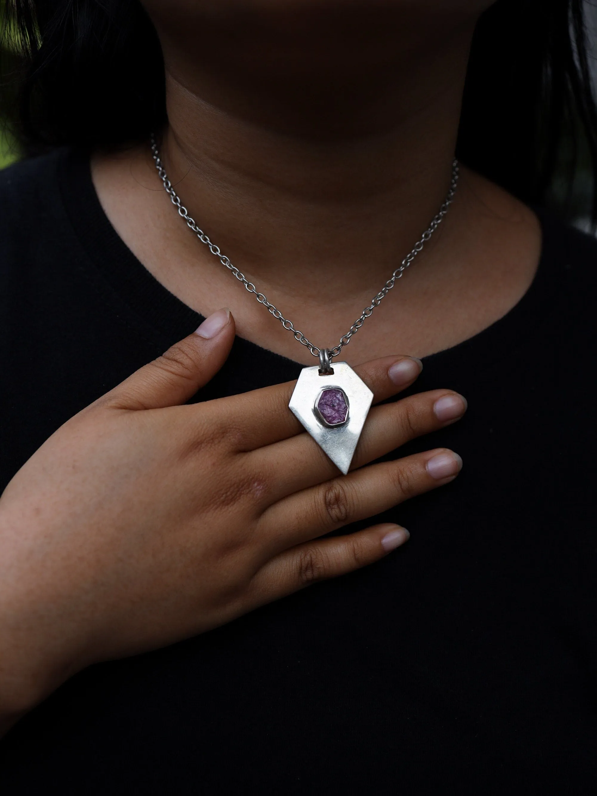 Raw Gemmy Ruby - Sterling Silver Pendant - Shiny and Polish Finished - Flat Pendant - Power, Wealth, and Protection