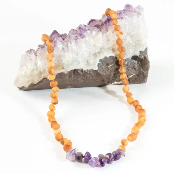 Raw Honey Amber   Raw Amethyst - Baltic Amber Necklace