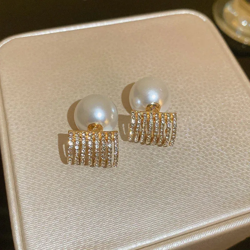 Round Wreath Bow Pearl Stud Earrings Elegant Trend Fashion