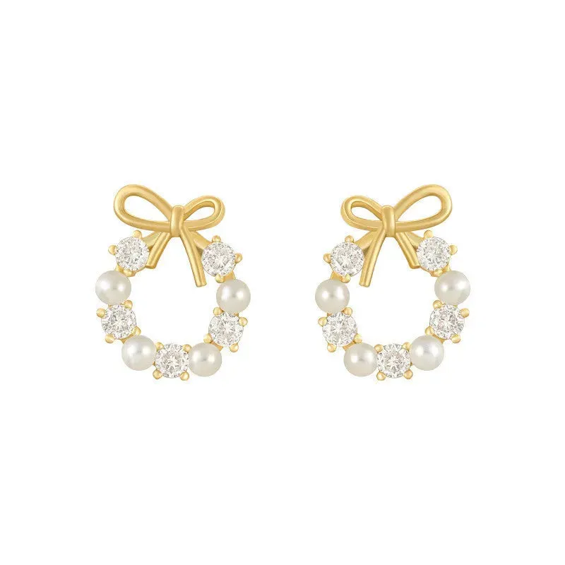 Round Wreath Bow Pearl Stud Earrings Elegant Trend Fashion