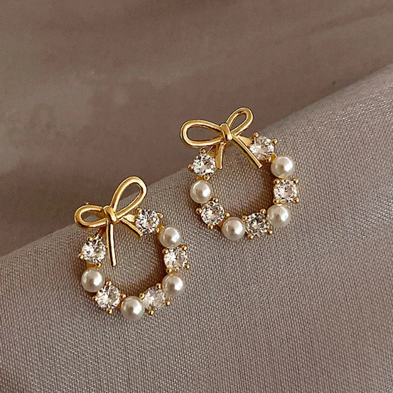 Round Wreath Bow Pearl Stud Earrings Elegant Trend Fashion