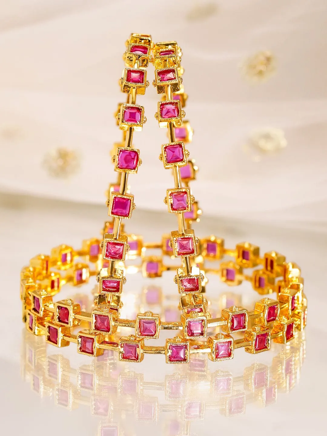 Rubans Align Set Of 4 22K Gold-Plated Stone-Studded Bangles