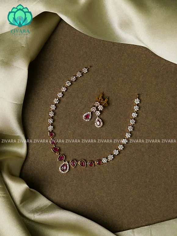 RUBY AND WHITE -MINI SIZE TEAR MOTIF- DARK FINISH stylish and minimal elegant neckwear with earrings- Zivara Fashion