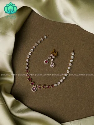 RUBY AND WHITE -MINI SIZE TEAR MOTIF- DARK FINISH stylish and minimal elegant neckwear with earrings- Zivara Fashion