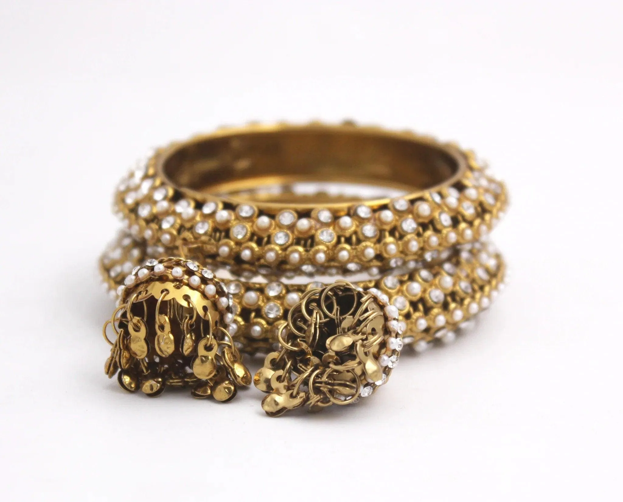 Set of 2 Golden Kundan Beaded Jhumki Bangles, Pearl & Stone Bangle