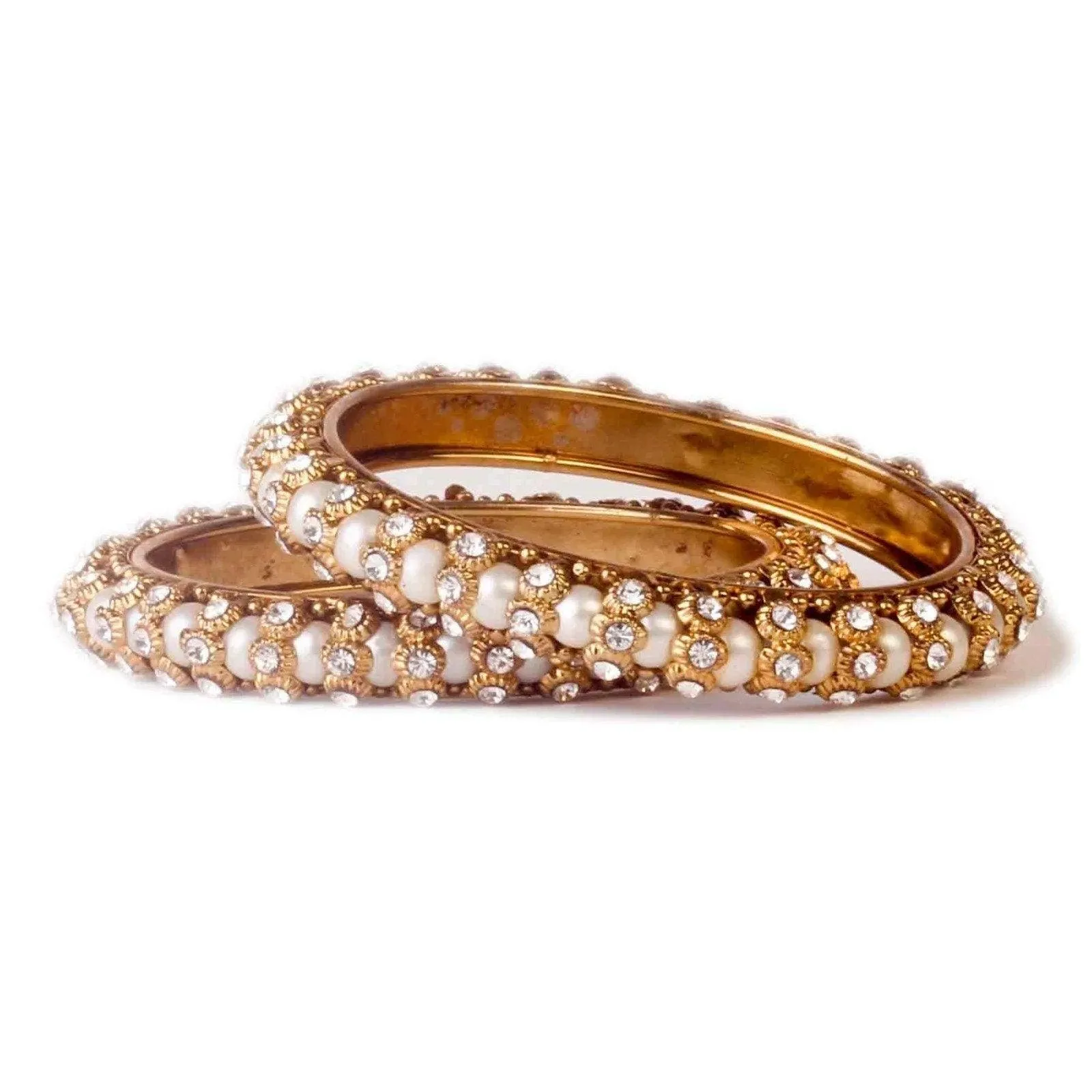 Set of 2 Golden Kundan Beaded Jhumki Bangles, Pearl & Stone Bangle