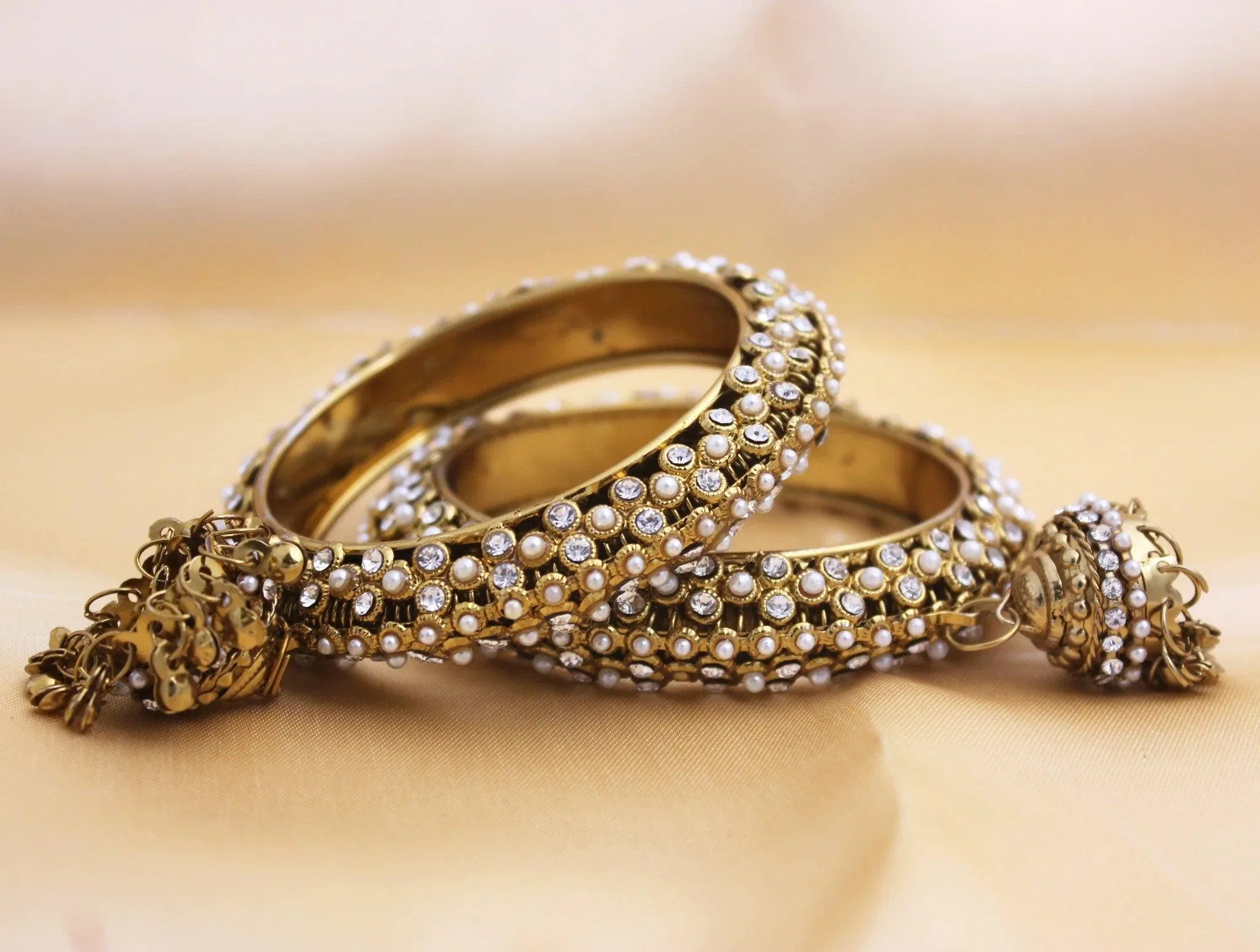 Set of 2 Golden Kundan Beaded Jhumki Bangles, Pearl & Stone Bangle