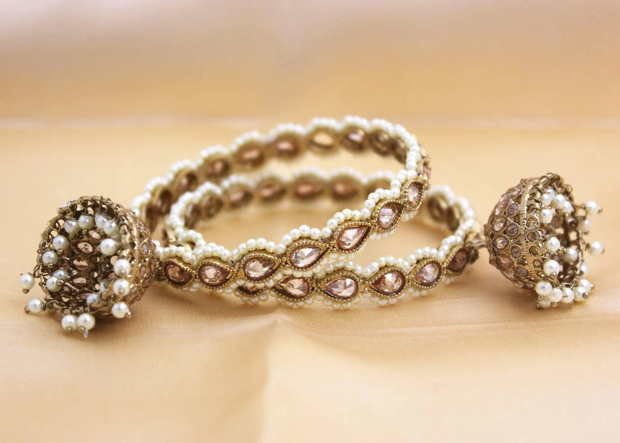 Set of 2 Golden Kundan Beaded Jhumki Bangles, Pearl & Stone Bangle