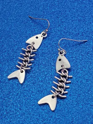 Silver Metal Fishbone Dangle Earrings
