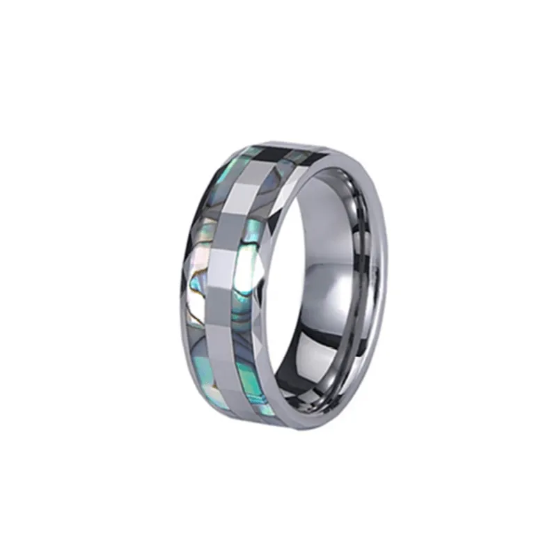 Silver Tungsten Carbide Ring with Abalone Shell Inlay (8mm)