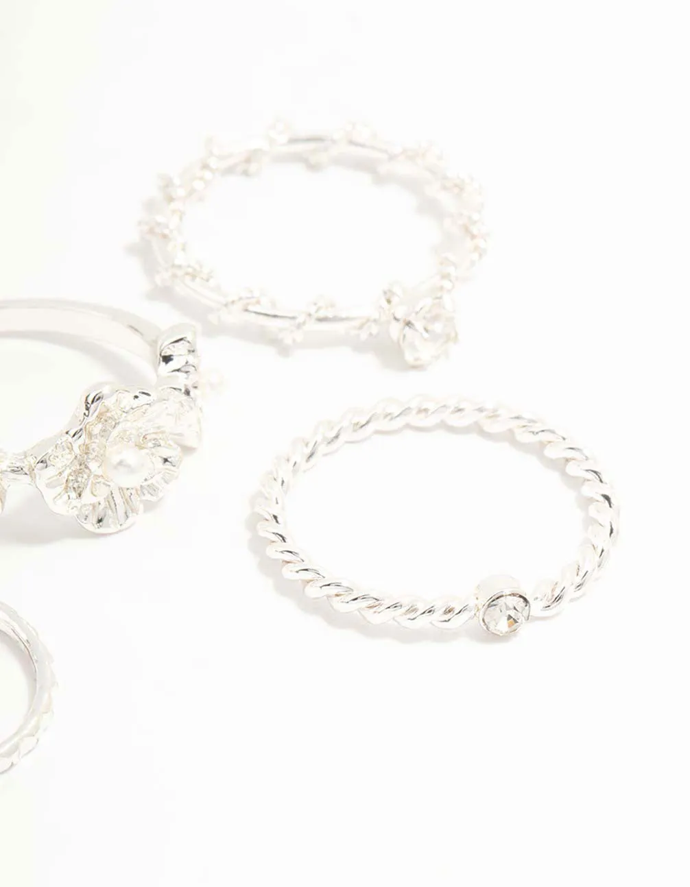Silver Twisted, Sleek & Diamante Flower Style Rings 5-Pack