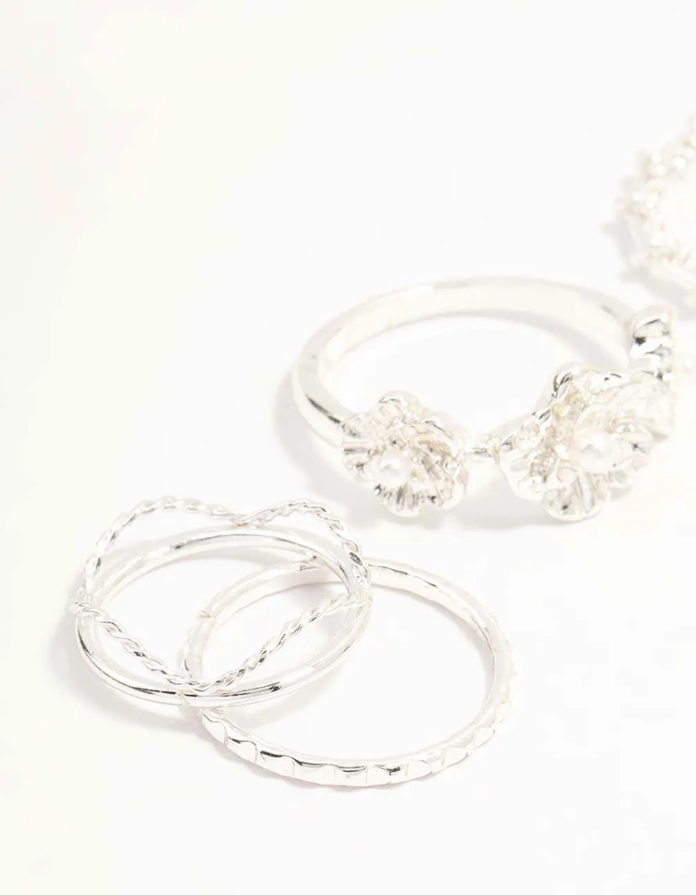 Silver Twisted, Sleek & Diamante Flower Style Rings 5-Pack