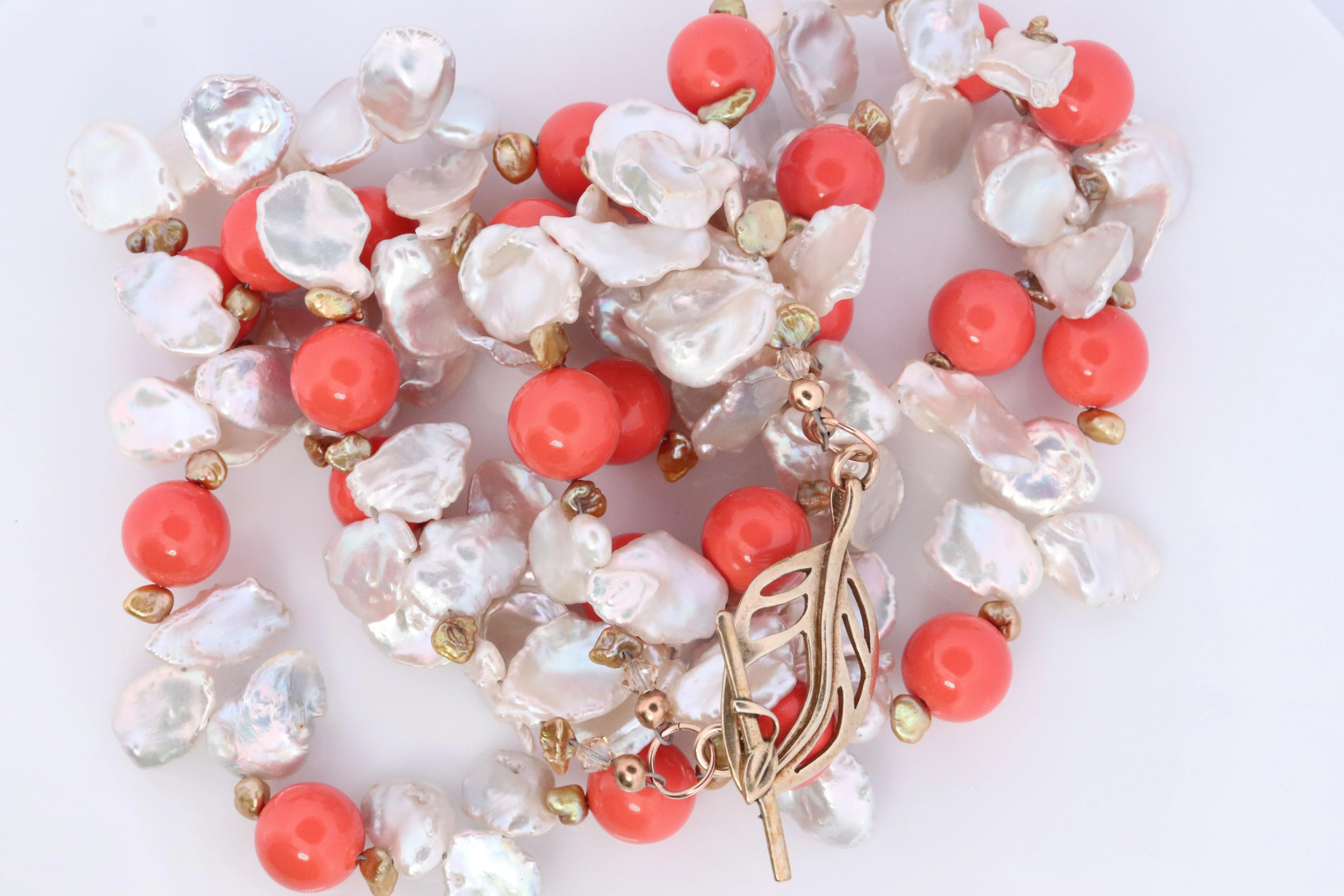 Sterling Silver Kiesha Pearls with Shell Pearls and Coral Necklace