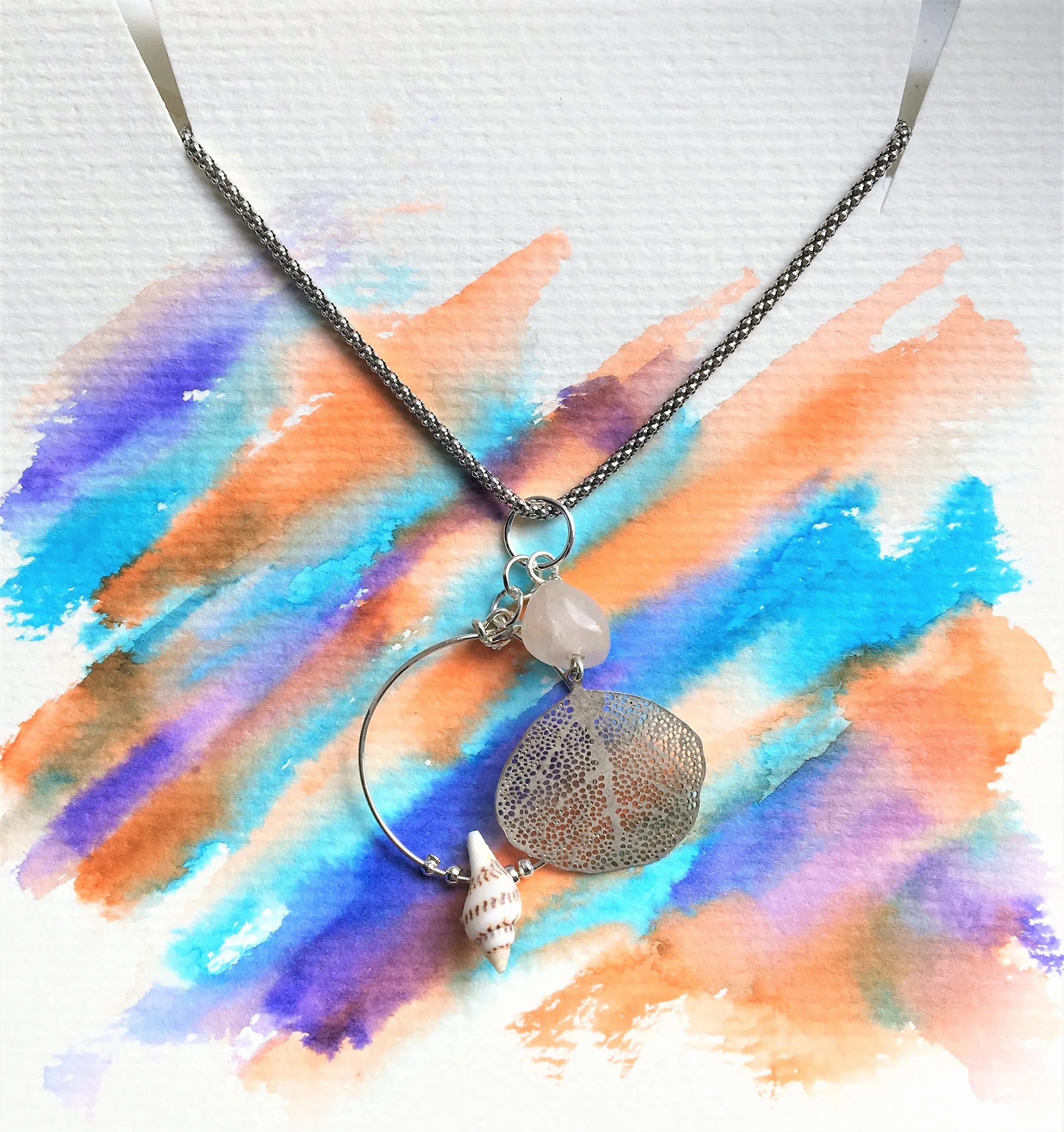 Sterling silver necklace - Filigree Leaf, Quartz and Shell - Colour and Charm Collection