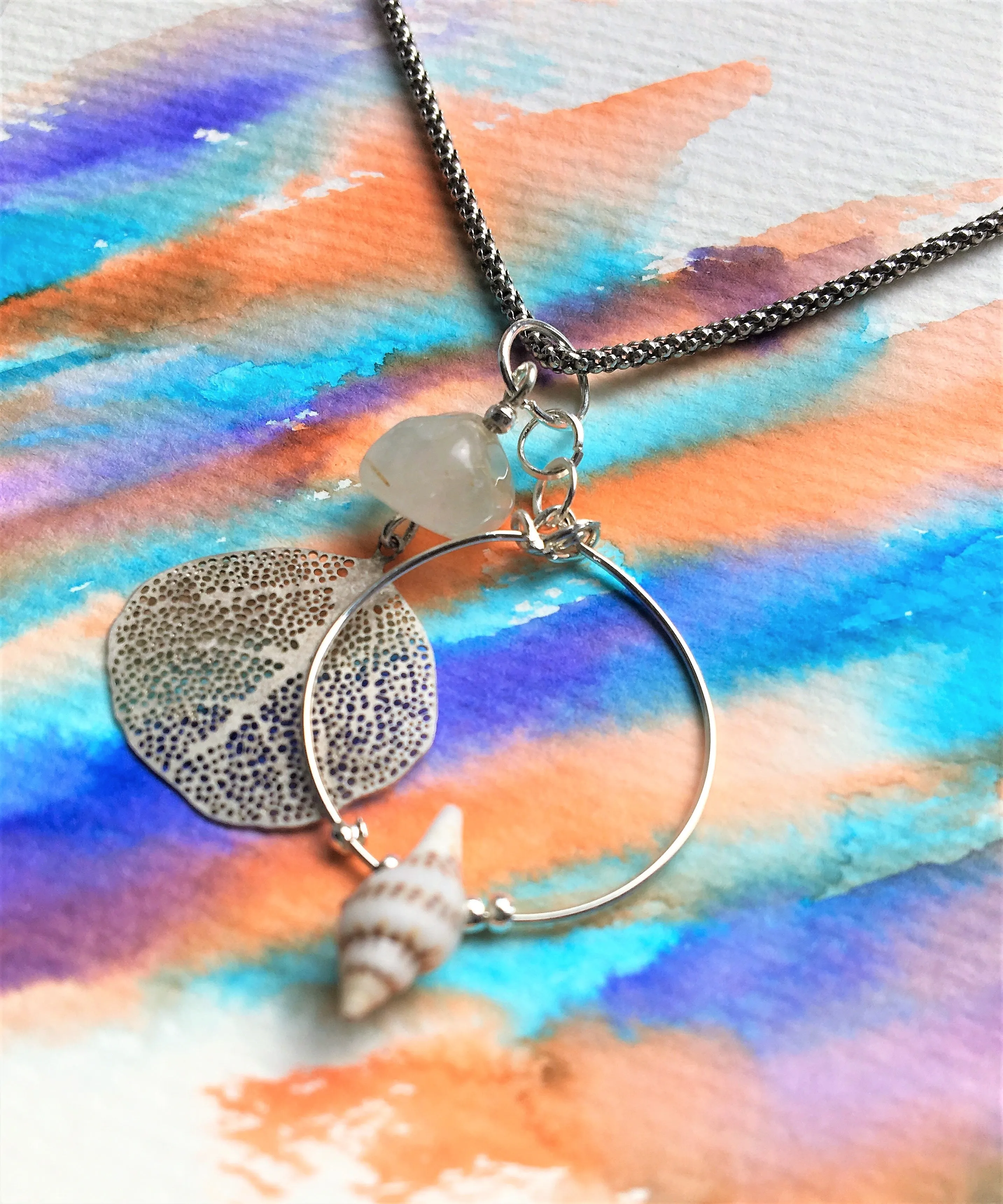 Sterling silver necklace - Filigree Leaf, Quartz and Shell - Colour and Charm Collection