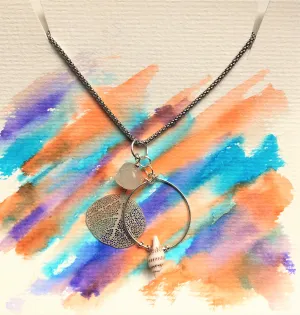 Sterling silver necklace - Filigree Leaf, Quartz and Shell - Colour and Charm Collection