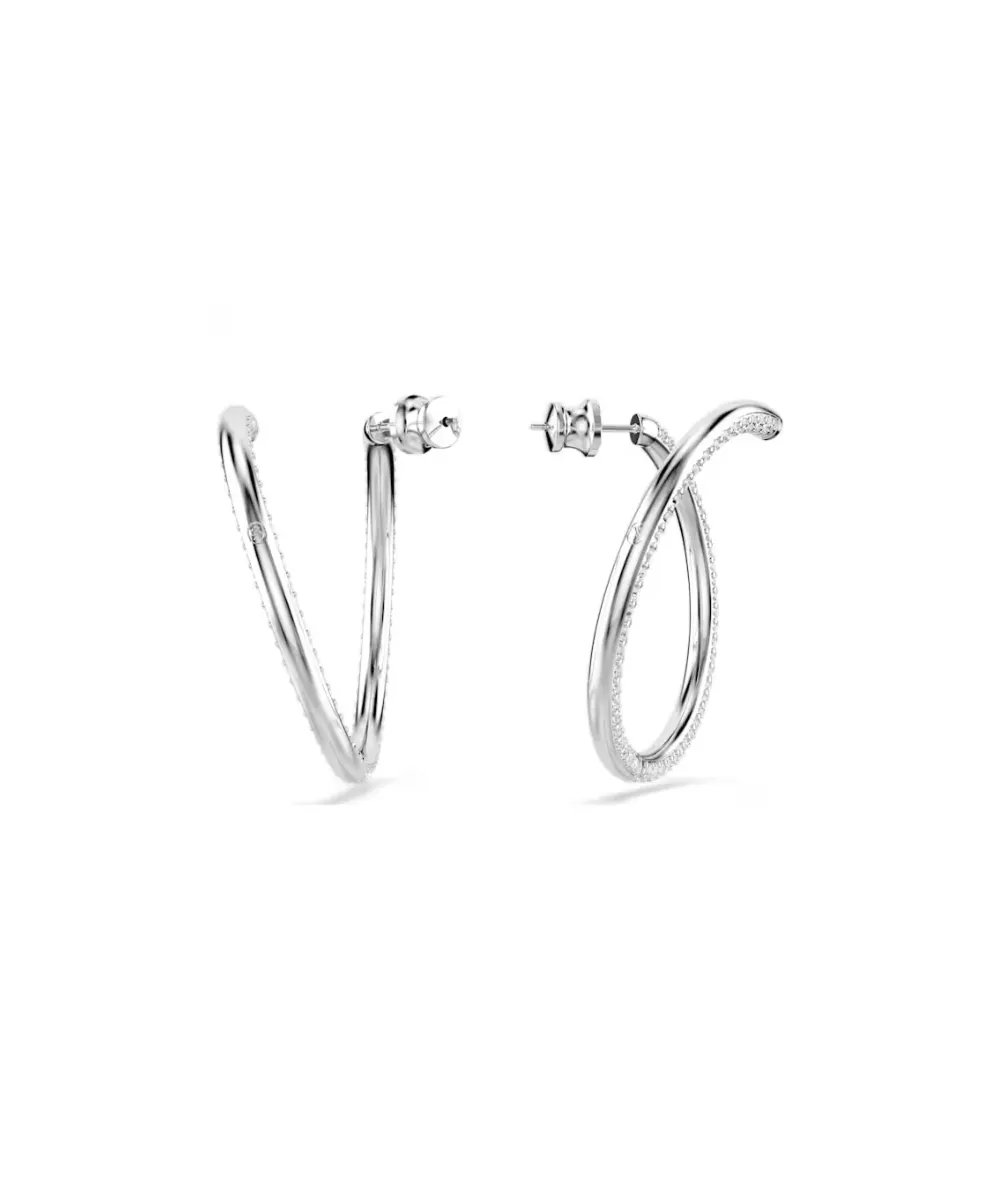 SWAROVSKI DEXTERA HOOP EARRINGS, ROUND CUT, WHITE, RHODIUM PLATED