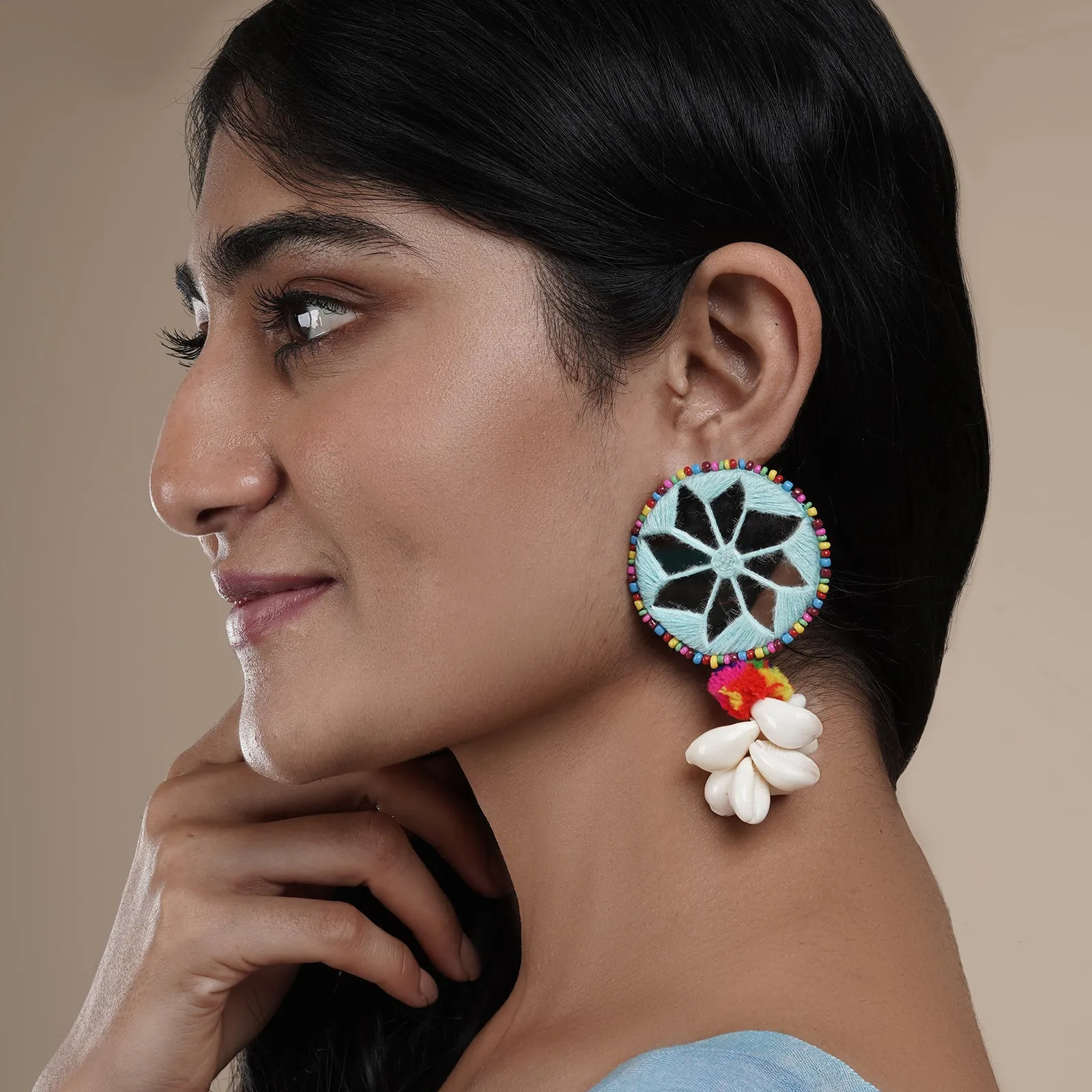 Teejh Abhigita Blue Fabric and Mirror Earring
