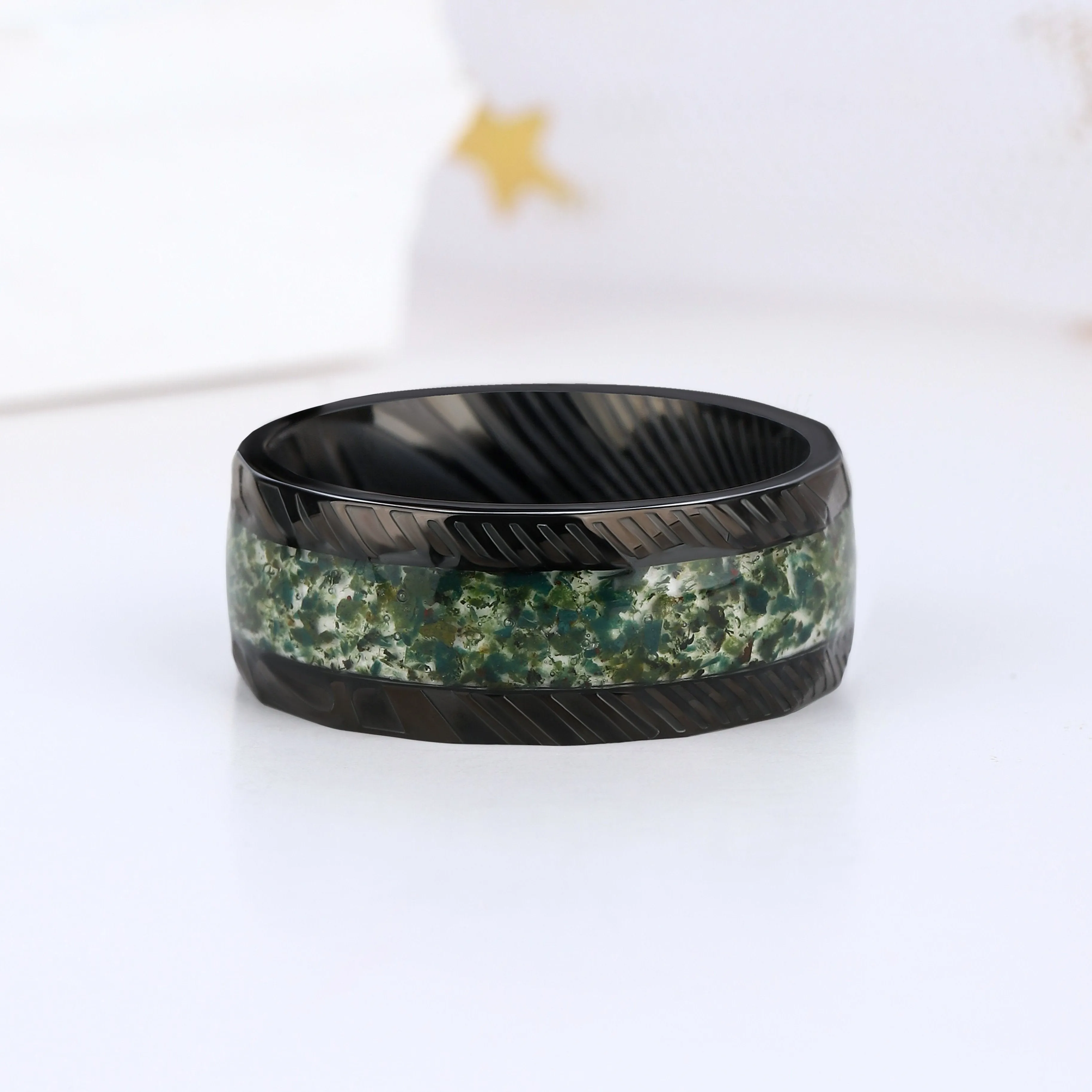 The Green Veil - Natural Moss Agate Couple Ring Set