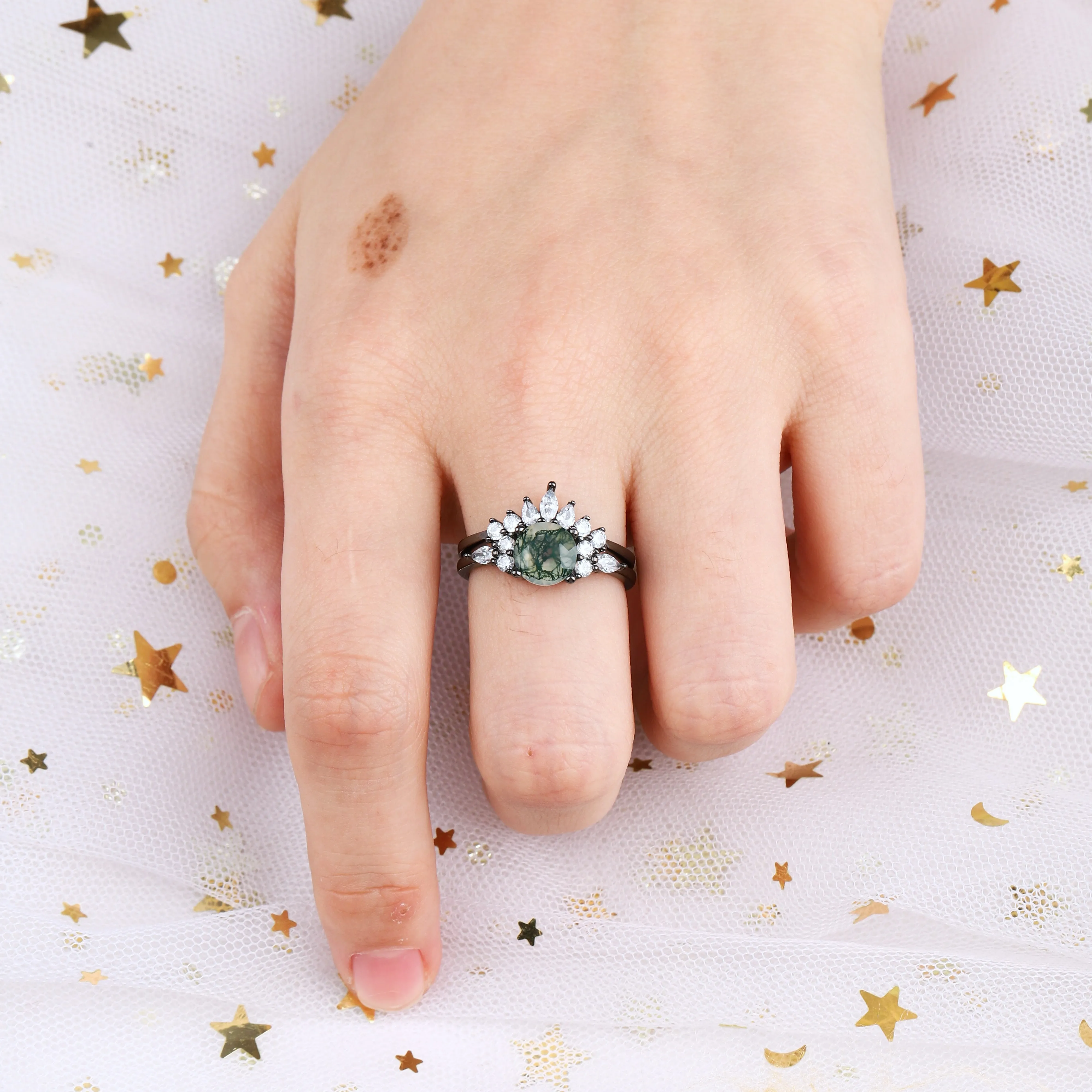 The Green Veil - Natural Moss Agate Couple Ring Set