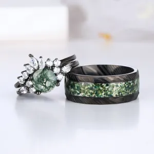 The Green Veil - Natural Moss Agate Couple Ring Set