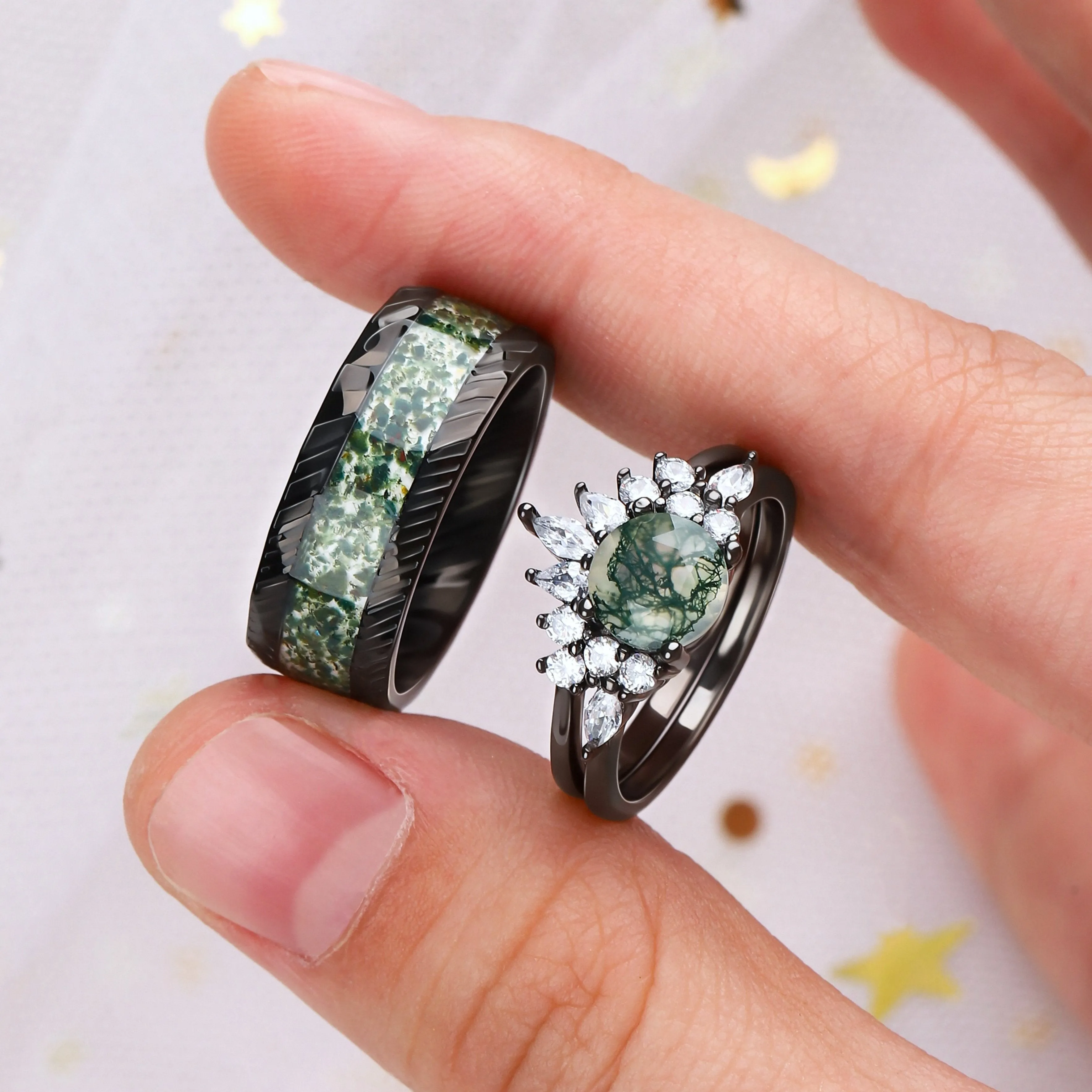 The Green Veil - Natural Moss Agate Couple Ring Set