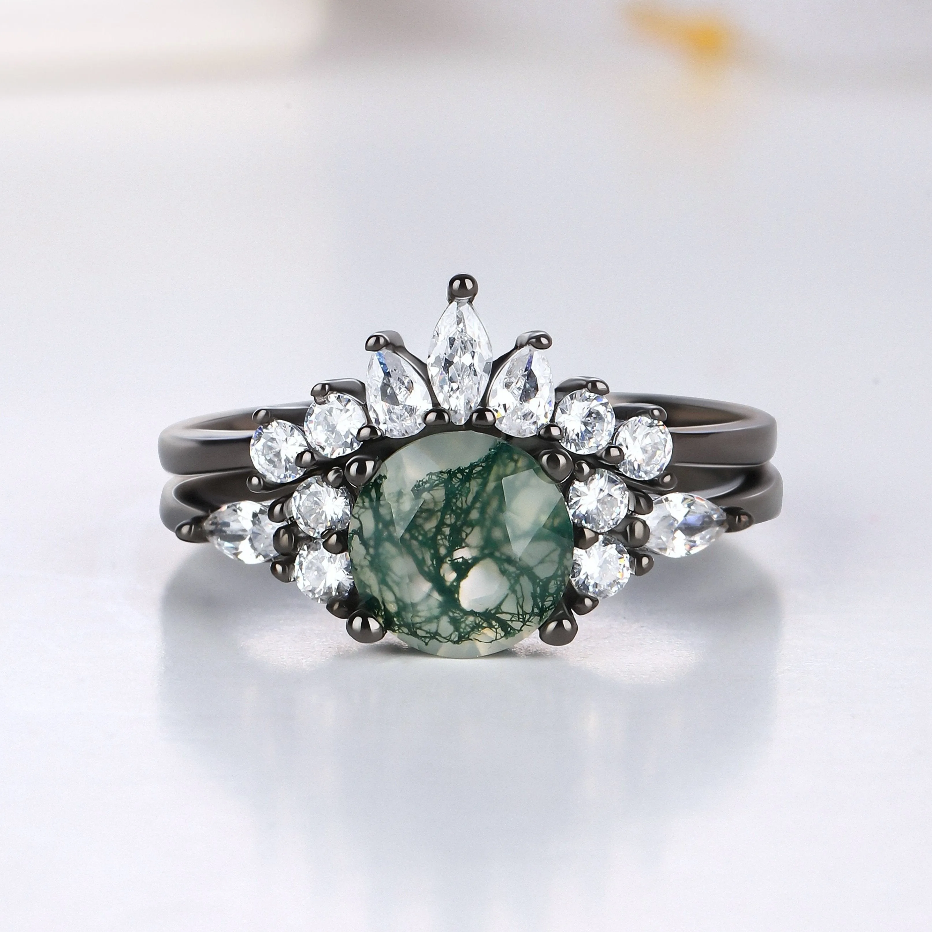The Green Veil - Natural Moss Agate Couple Ring Set