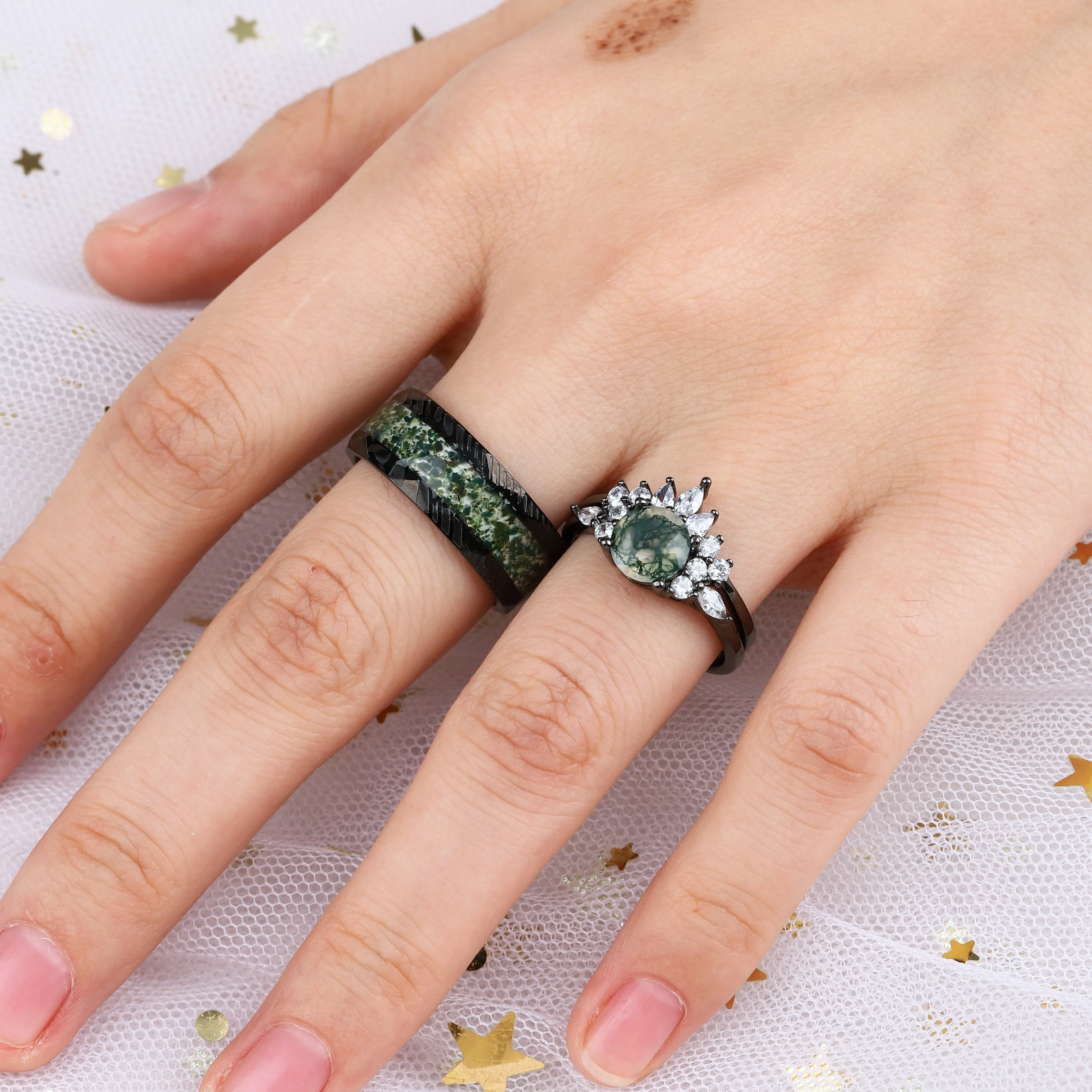 The Green Veil - Natural Moss Agate Couple Ring Set