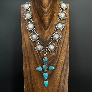 Turquoise cross statement necklace - antique silver