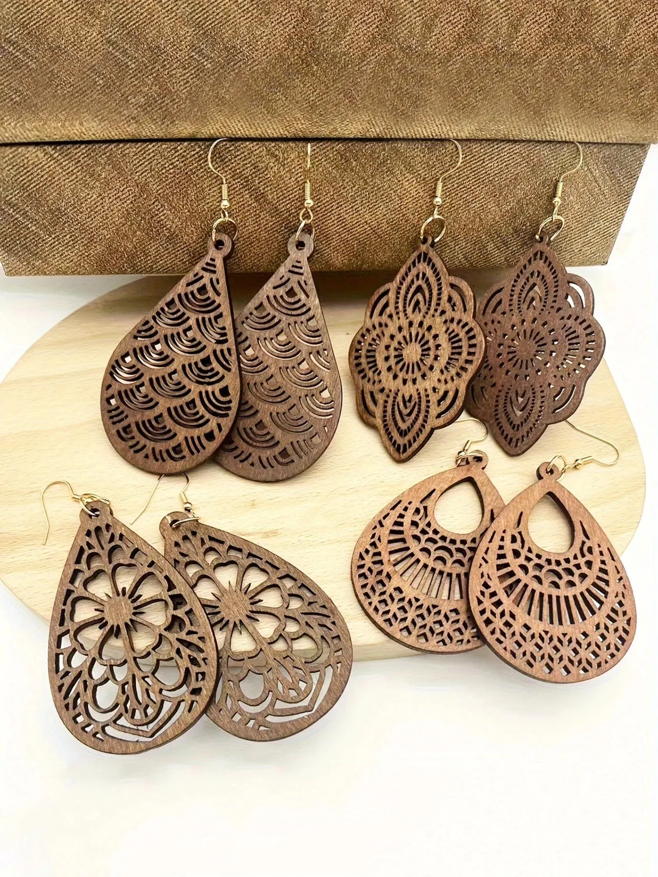 Vintage Carved Flower Dangle Earrings Set | 4 Pairs Retro Wooden Earrings | Elegant Gift