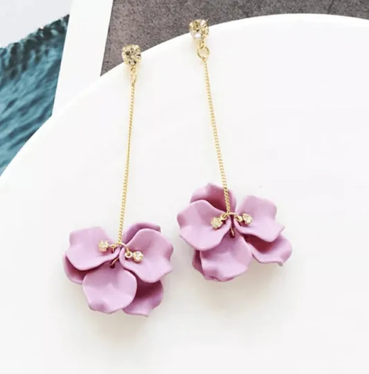 Whimsical - Pearl floral shell petals |Kawaii cute fun chain earrings | korean art dangle earrings | frosted bar charm statement earrings