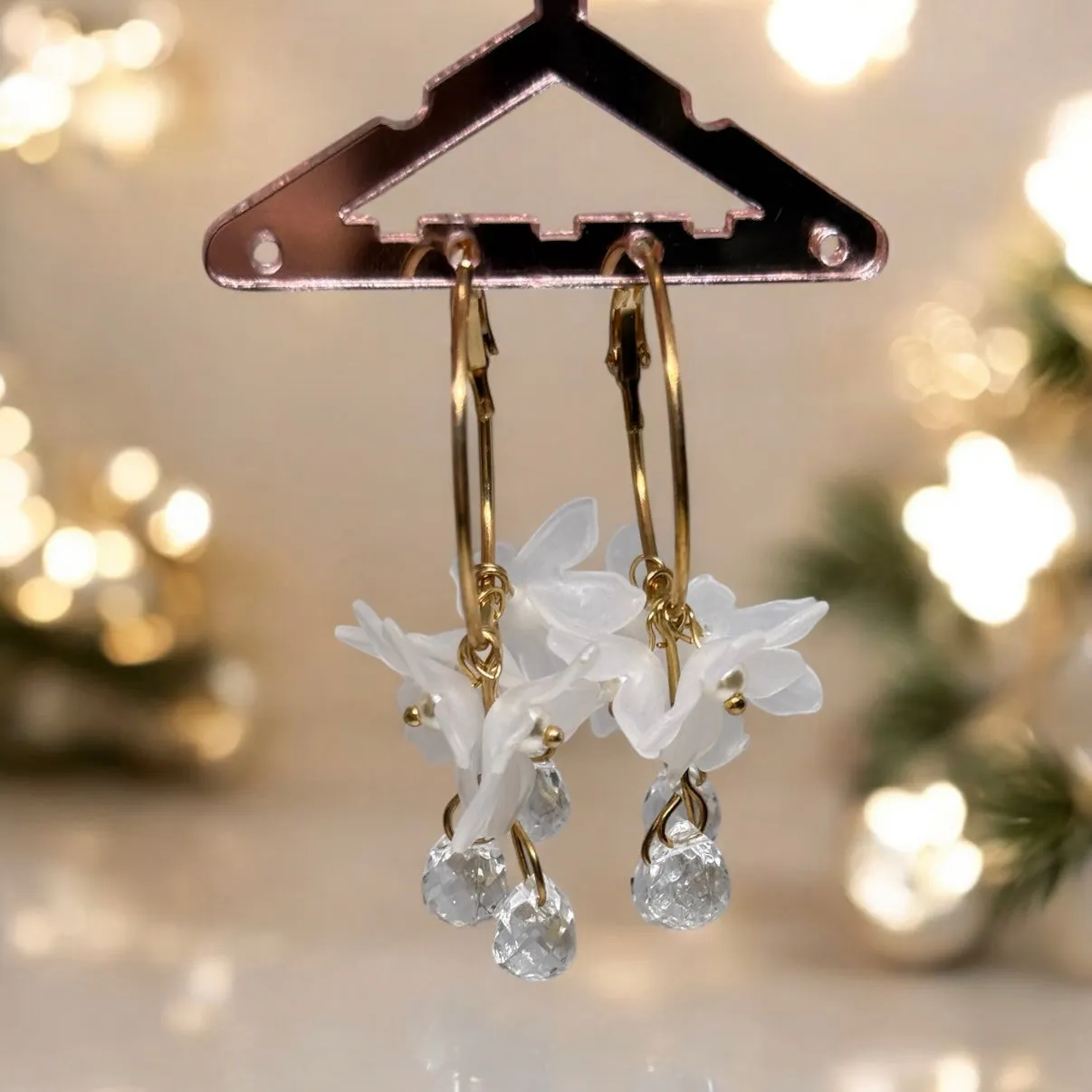 Whimsical - white Daisy flower petal earrings |Kawaii cute fun hoop earrings | korean art colourful dangle earrings | white flower with crystal clear beads