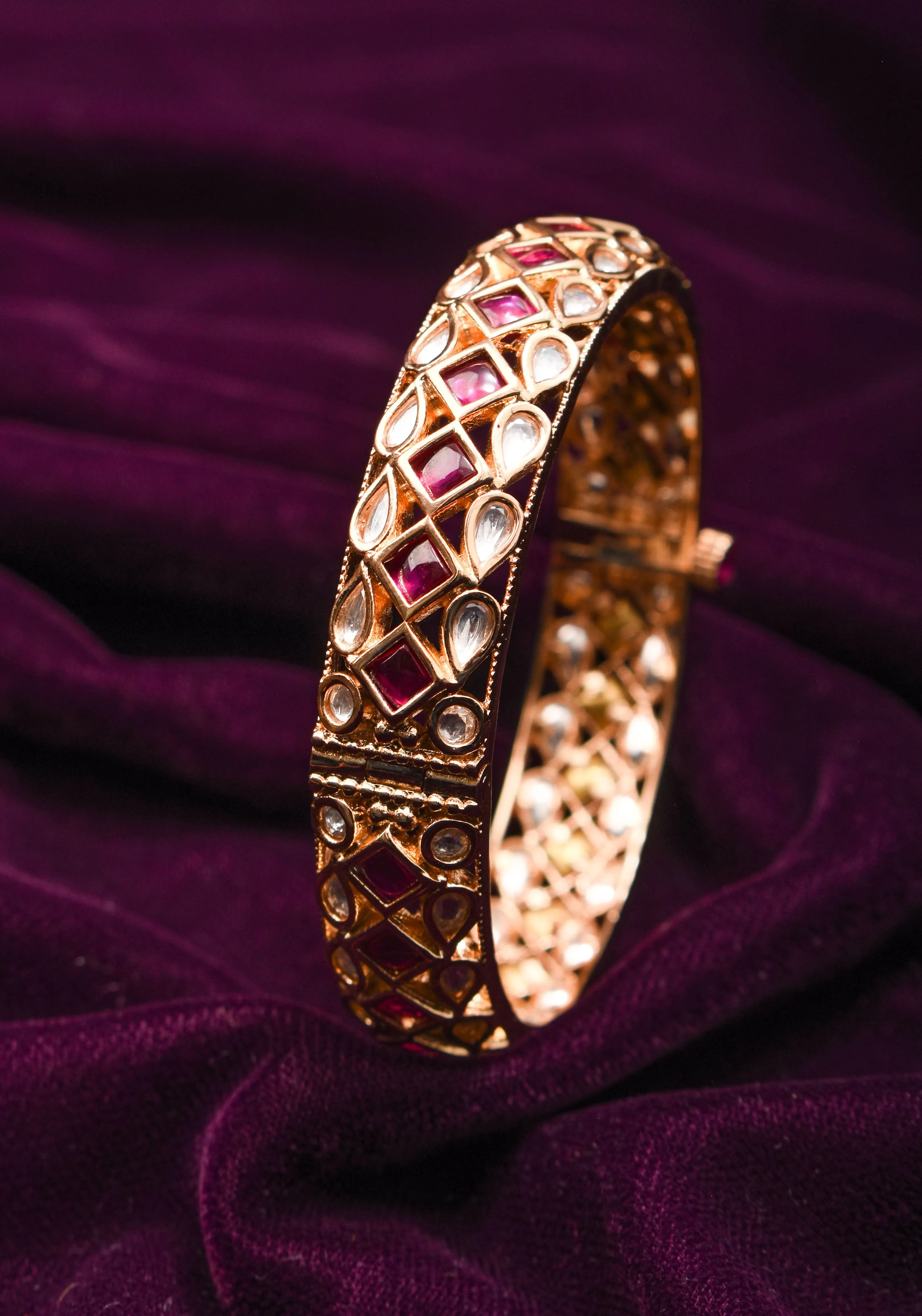 White and Pink Kemp Stone Studded Openable kada - Single Piece |Shobitam Jewelry