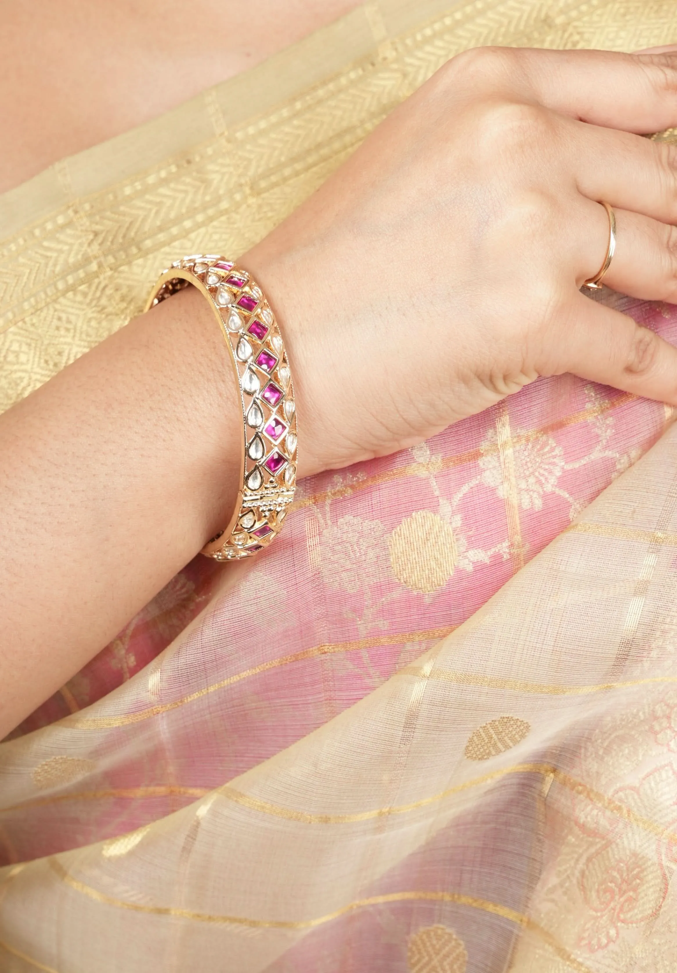 White and Pink Kemp Stone Studded Openable kada - Single Piece |Shobitam Jewelry