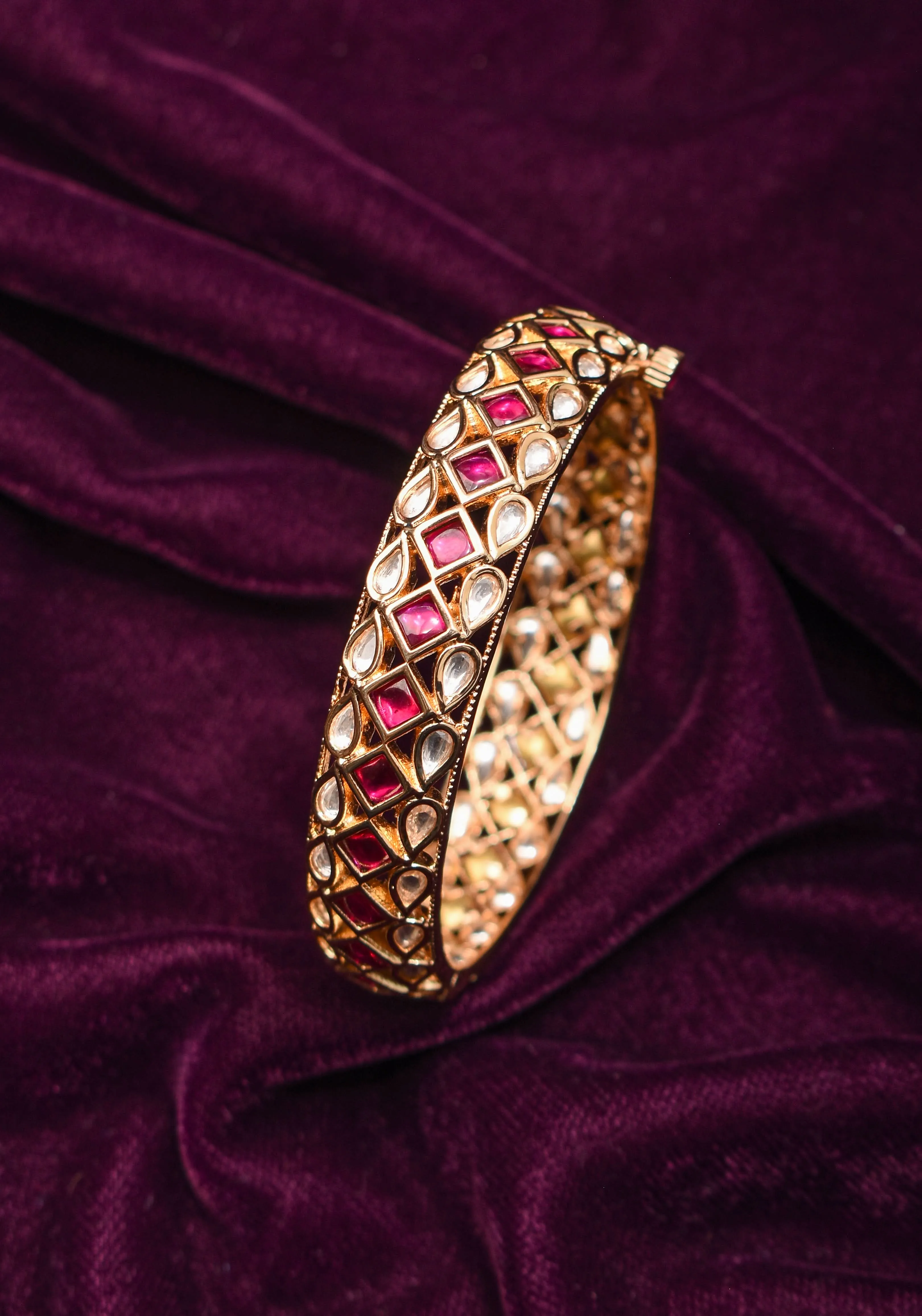 White and Pink Kemp Stone Studded Openable kada - Single Piece |Shobitam Jewelry