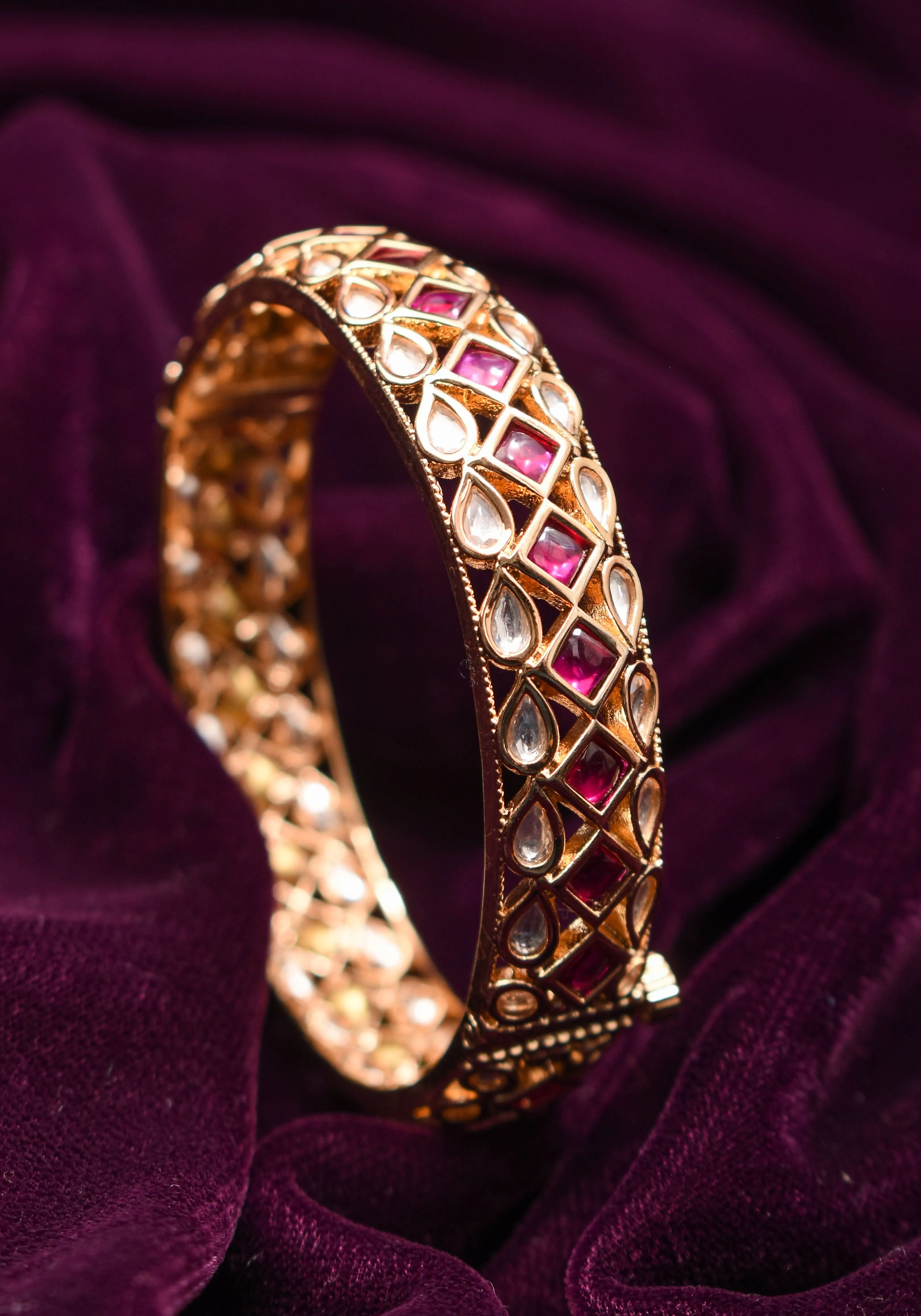 White and Pink Kemp Stone Studded Openable kada - Single Piece |Shobitam Jewelry